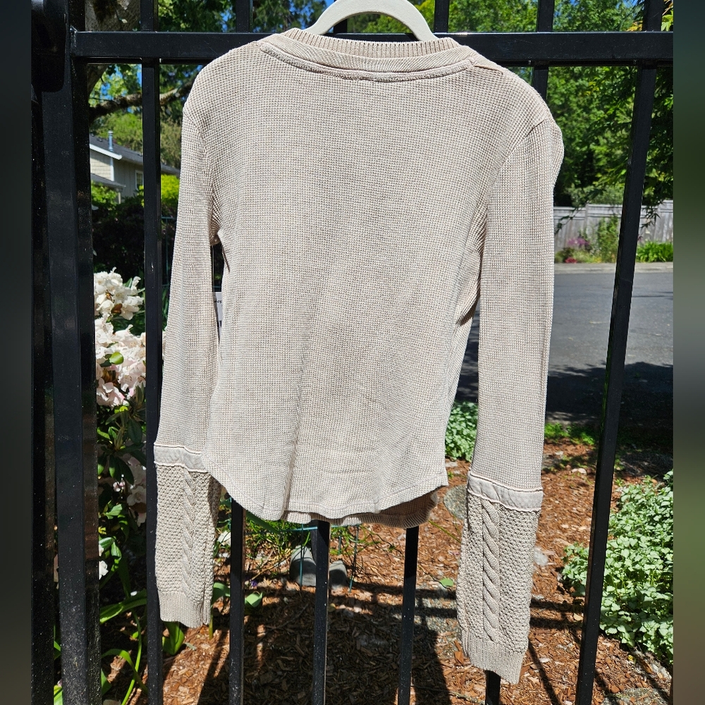 Free People Oakley Thermal Henley Top V Neck LS Mixed Knits Sand Size Small NWT - Picture 14 of 16